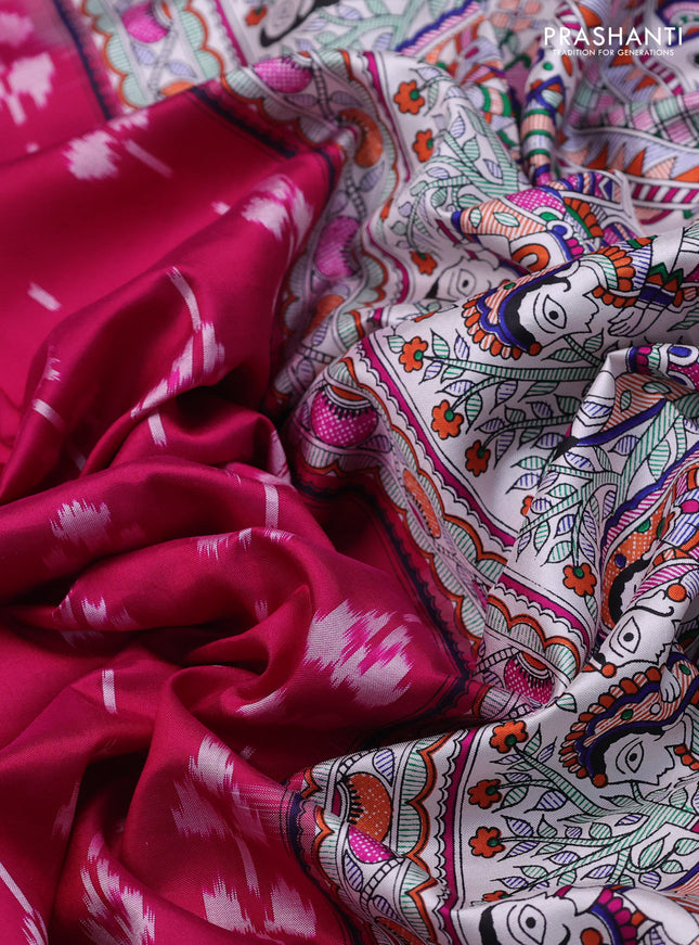 Pochampally silk saree dark pink and off white with allover ikat weaves and madhubani prints