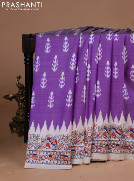 Pochampally silk saree lavender and cream with allover ikat woven buttas and madhubani prints