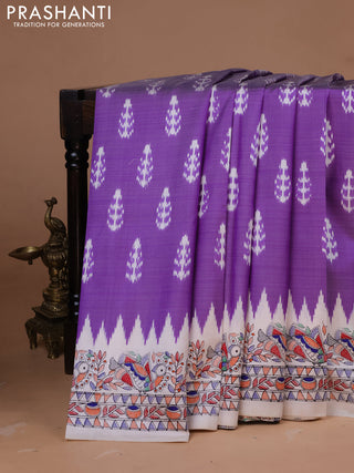 Pochampally silk saree lavender and cream with allover ikat woven buttas and madhubani prints