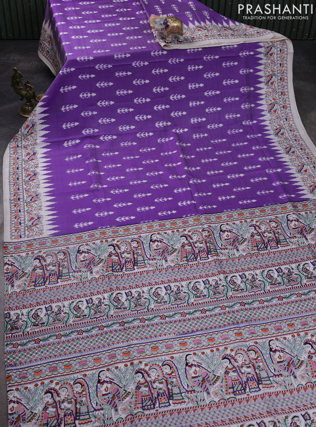 Pochampally silk saree lavender and cream with allover ikat woven buttas and madhubani prints