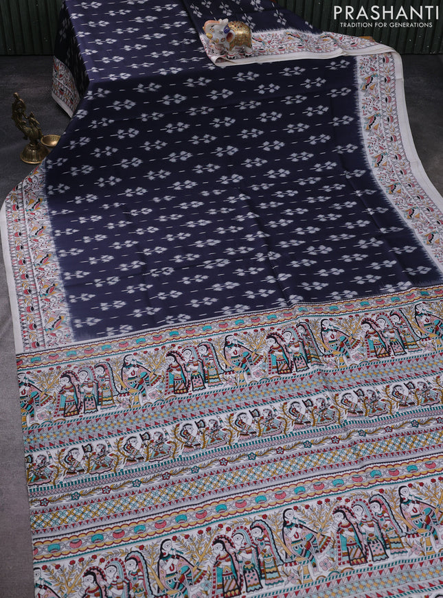 Pochampally silk saree elephant grey and cream with allover ikat woven buttas and madhubani prints