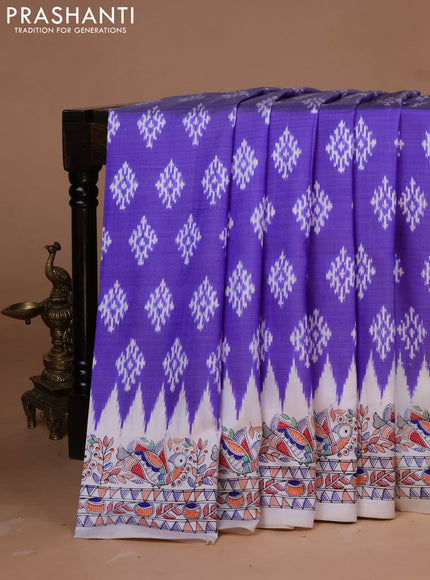 Pochampally silk saree blue and cream with allover ikat woven buttas and madhubani prints