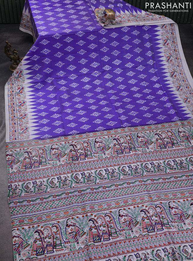 Pochampally silk saree blue and cream with allover ikat woven buttas and madhubani prints