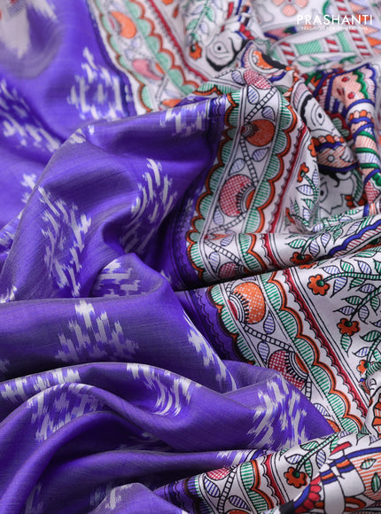 Pochampally silk saree blue and cream with allover ikat woven buttas and madhubani prints