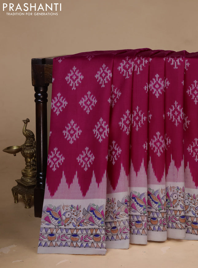 Pochampally silk saree dark pink and cream with allover ikat woven buttas and madhubani prints