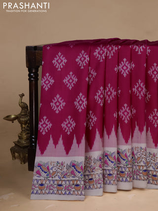Pochampally silk saree dark pink and cream with allover ikat woven buttas and madhubani prints