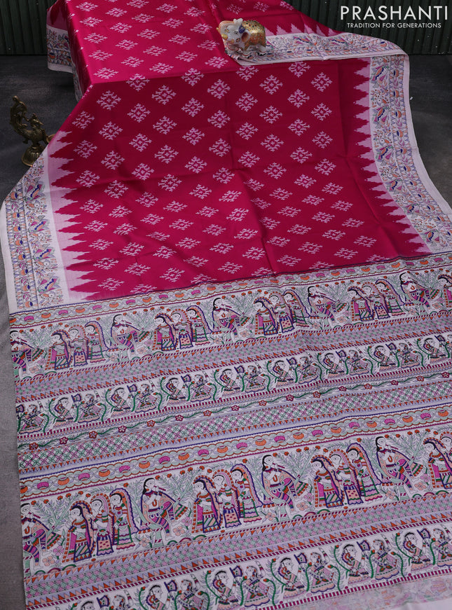 Pochampally silk saree dark pink and cream with allover ikat woven buttas and madhubani prints