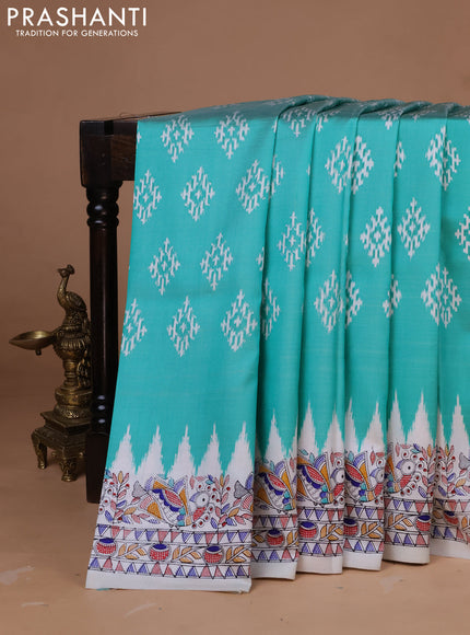Pochampally silk saree teal green and cream with allover ikat woven buttas and madhubani prints