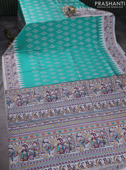 Pochampally silk saree teal green and cream with allover ikat woven buttas and madhubani prints