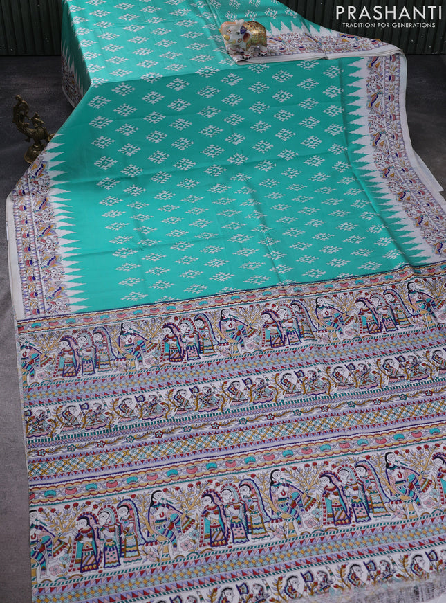 Pochampally silk saree teal green and cream with allover ikat woven buttas and madhubani prints