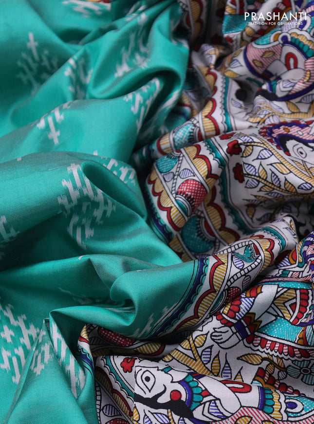 Pochampally silk saree teal green and cream with allover ikat woven buttas and madhubani prints