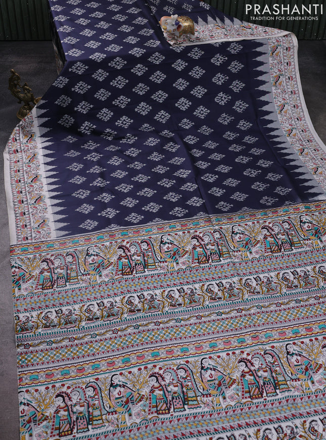 Pochampally silk saree elephant grey and cream with allover ikat woven buttas and madhubani prints