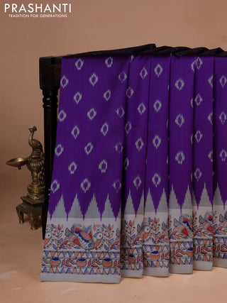 Pochampally silk saree violet and cream with allover ikat woven buttas and madhubani prints