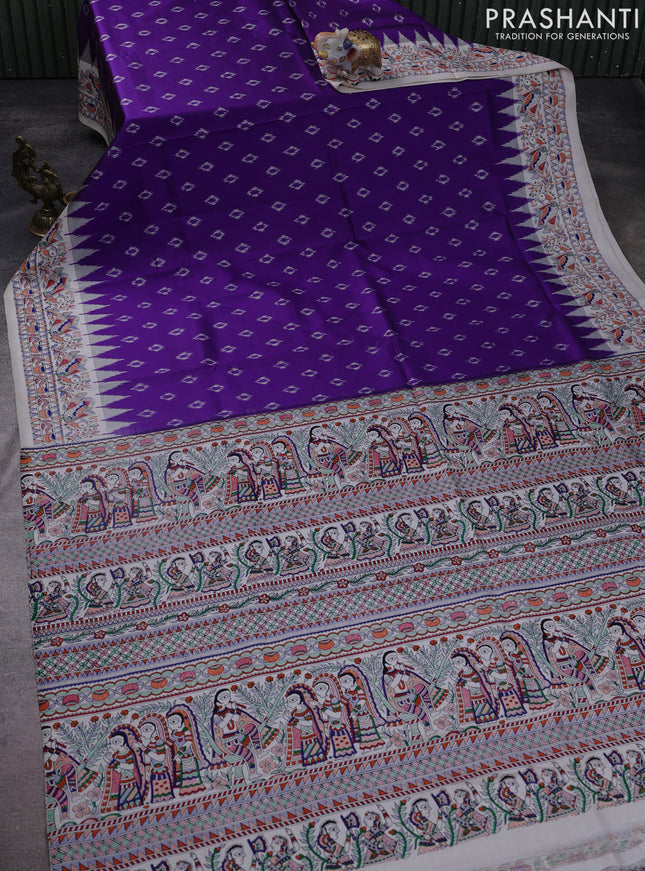 Pochampally silk saree violet and cream with allover ikat woven buttas and madhubani prints