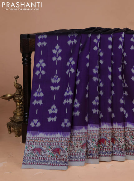 Pochampally silk saree violet and cream with allover ikat woven buttas and madhubani prints
