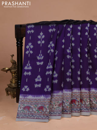 Pochampally silk saree violet and cream with allover ikat woven buttas and madhubani prints