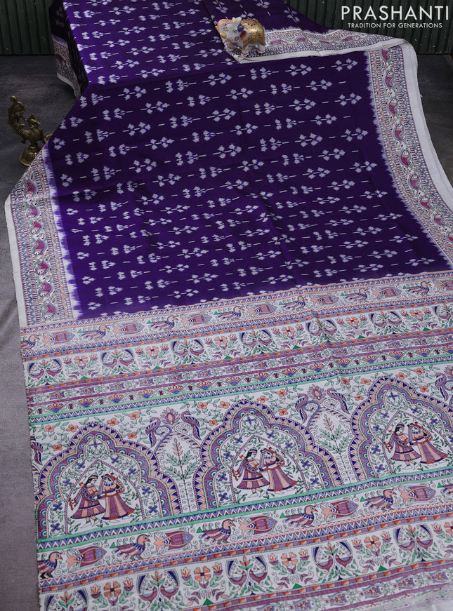Pochampally silk saree violet and cream with allover ikat woven buttas and madhubani prints