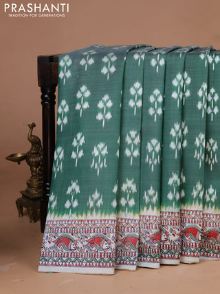 Pochampally silk saree green and cream with allover ikat woven buttas and madhubani prints