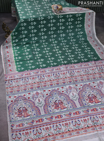 Pochampally silk saree green and cream with allover ikat woven buttas and madhubani prints