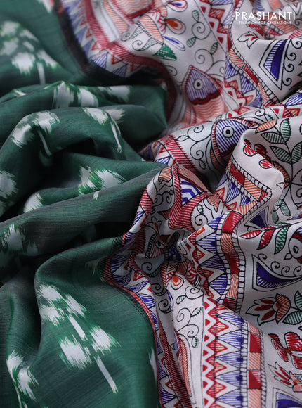 Pochampally silk saree green and cream with allover ikat woven buttas and madhubani prints