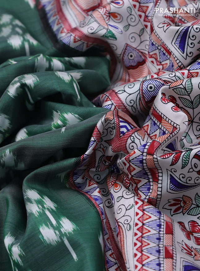 Pochampally silk saree green and cream with allover ikat woven buttas and madhubani prints