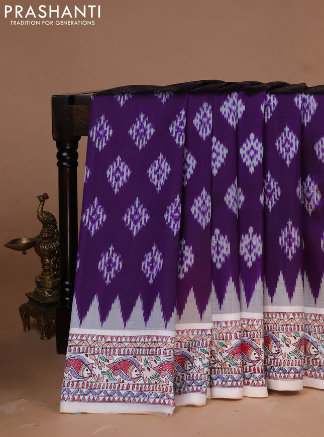 Pochampally silk saree violet and off white with allover ikat woven buttas and madhubani prints