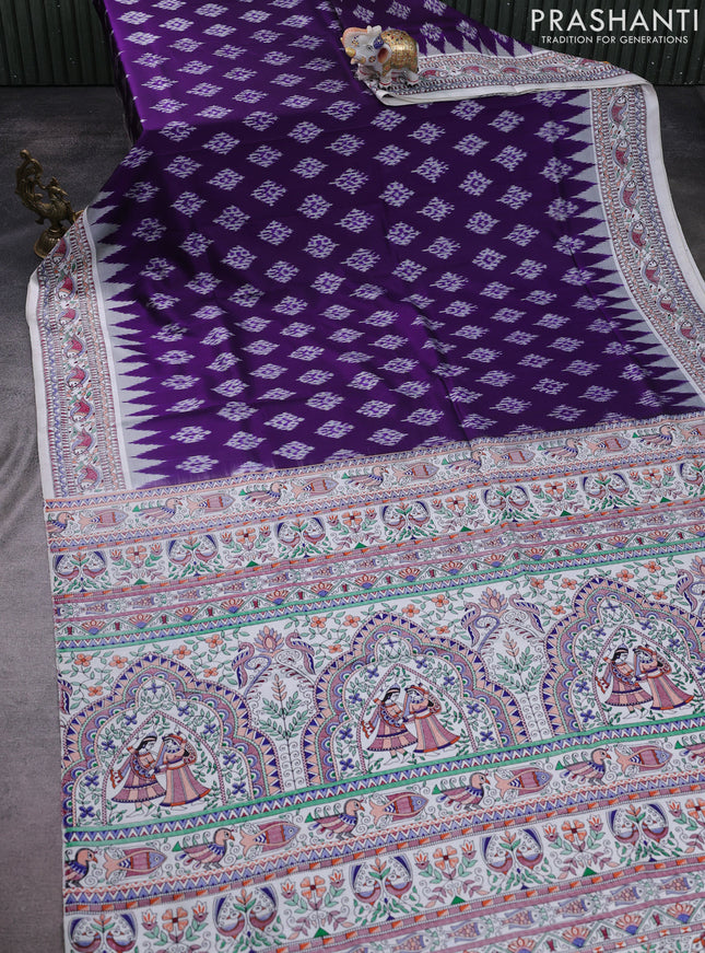 Pochampally silk saree violet and off white with allover ikat woven buttas and madhubani prints