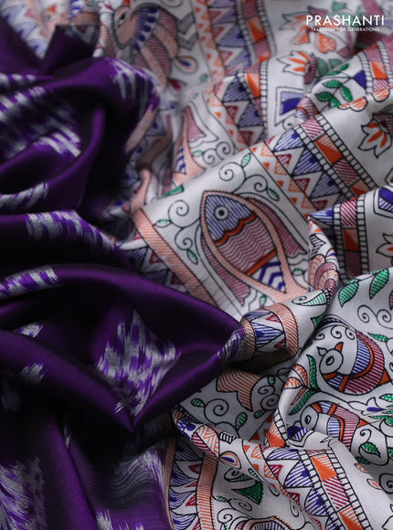 Pochampally silk saree violet and off white with allover ikat woven buttas and madhubani prints