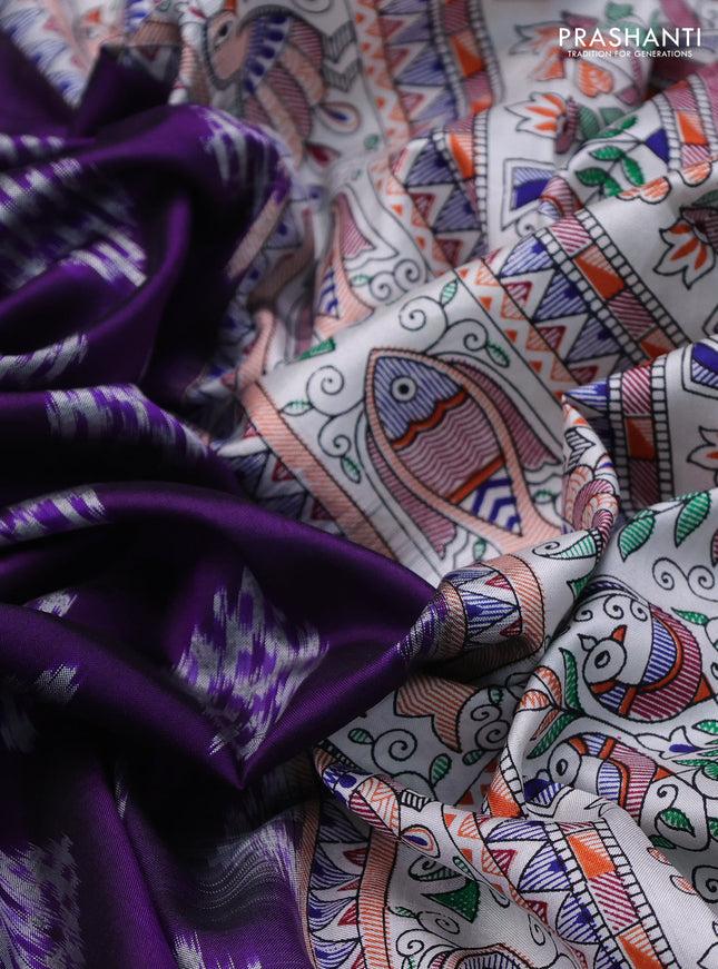 Pochampally silk saree violet and off white with allover ikat woven buttas and madhubani prints