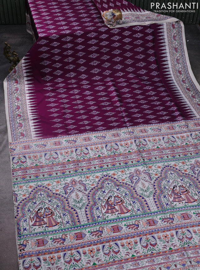 Pochampally silk saree purple and cream with allover ikat woven buttas and madhubani prints