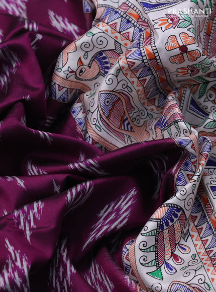 Pochampally silk saree purple and cream with allover ikat woven buttas and madhubani prints