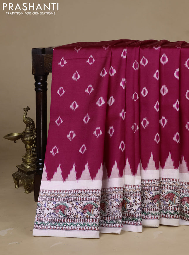 Pochampally silk saree dark pink and cream with allover ikat woven buttas and madhubani prints