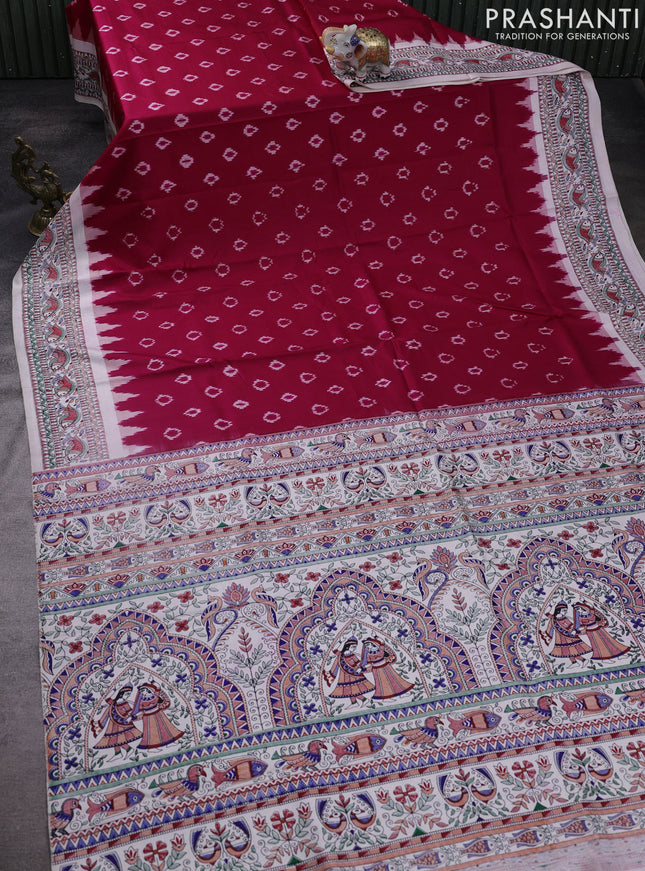 Pochampally silk saree dark pink and cream with allover ikat woven buttas and madhubani prints