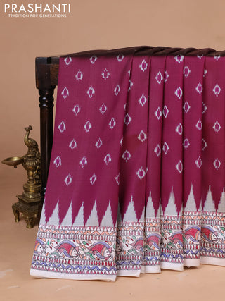 Pochampally silk saree deep purple and cream with allover ikat woven buttas and madhubani prints