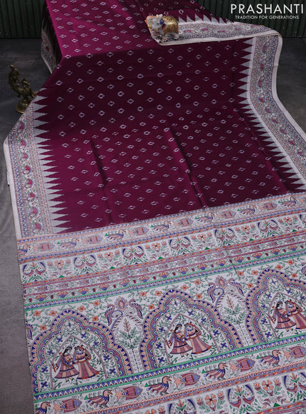 Pochampally silk saree deep purple and cream with allover ikat woven buttas and madhubani prints