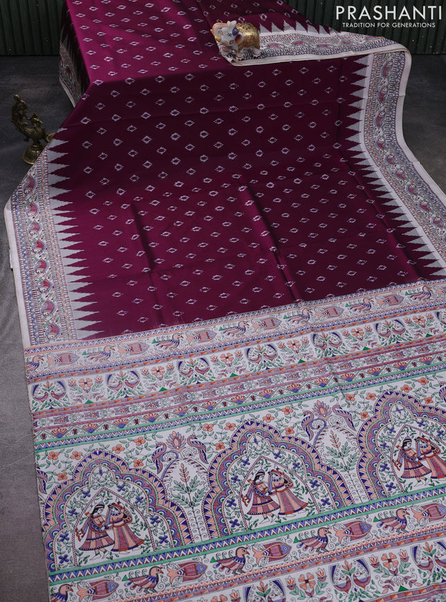Pochampally silk saree deep purple and cream with allover ikat woven buttas and madhubani prints