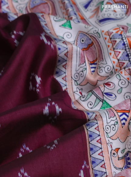 Pochampally silk saree deep purple and cream with allover ikat woven buttas and madhubani prints