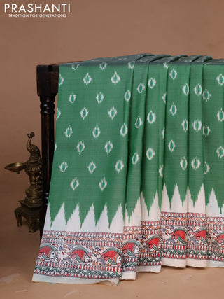 Pochampally silk saree green and cream with allover ikat woven buttas and madhubani prints