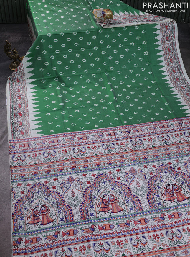 Pochampally silk saree green and cream with allover ikat woven buttas and madhubani prints