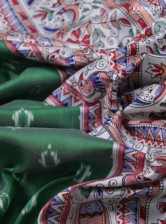 Pochampally silk saree green and cream with allover ikat woven buttas and madhubani prints