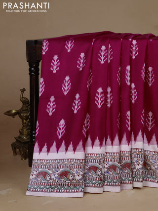 Pochampally silk saree dark pink and cream with allover ikat woven buttas and madhubani prints