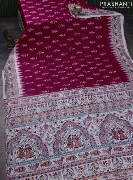 Pochampally silk saree dark pink and cream with allover ikat woven buttas and madhubani prints