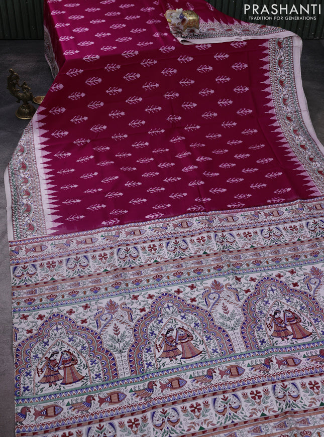 Pochampally silk saree dark pink and cream with allover ikat woven buttas and madhubani prints