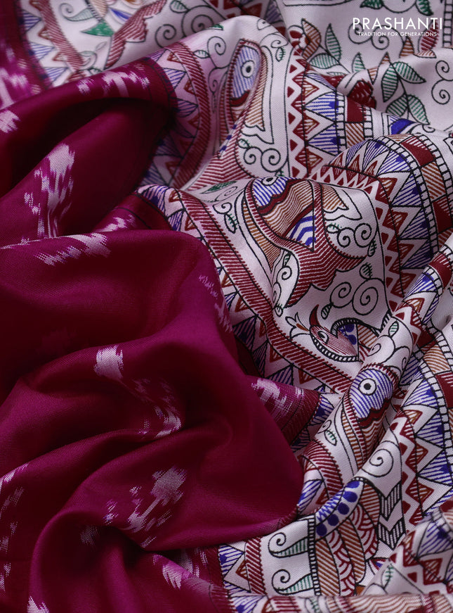 Pochampally silk saree dark pink and cream with allover ikat woven buttas and madhubani prints