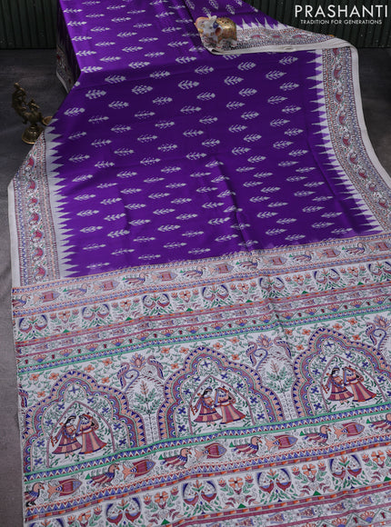 Pochampally silk saree violet and off white with allover ikat woven buttas and madhubani prints