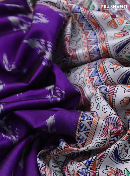 Pochampally silk saree violet and off white with allover ikat woven buttas and madhubani prints