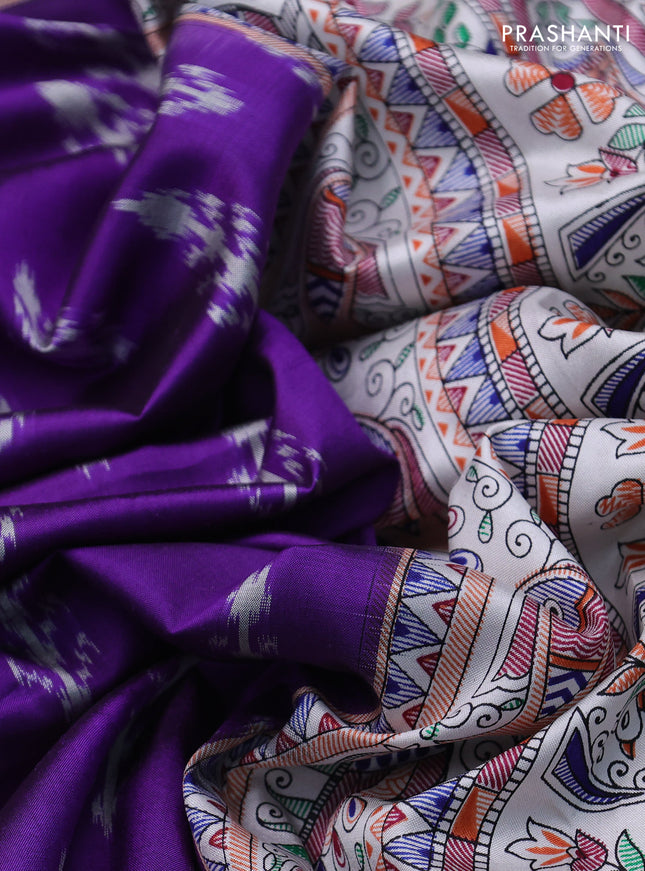 Pochampally silk saree violet and off white with allover ikat woven buttas and madhubani prints