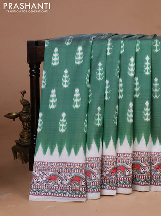 Pochampally silk saree green and cream with allover ikat woven buttas and madhubani prints