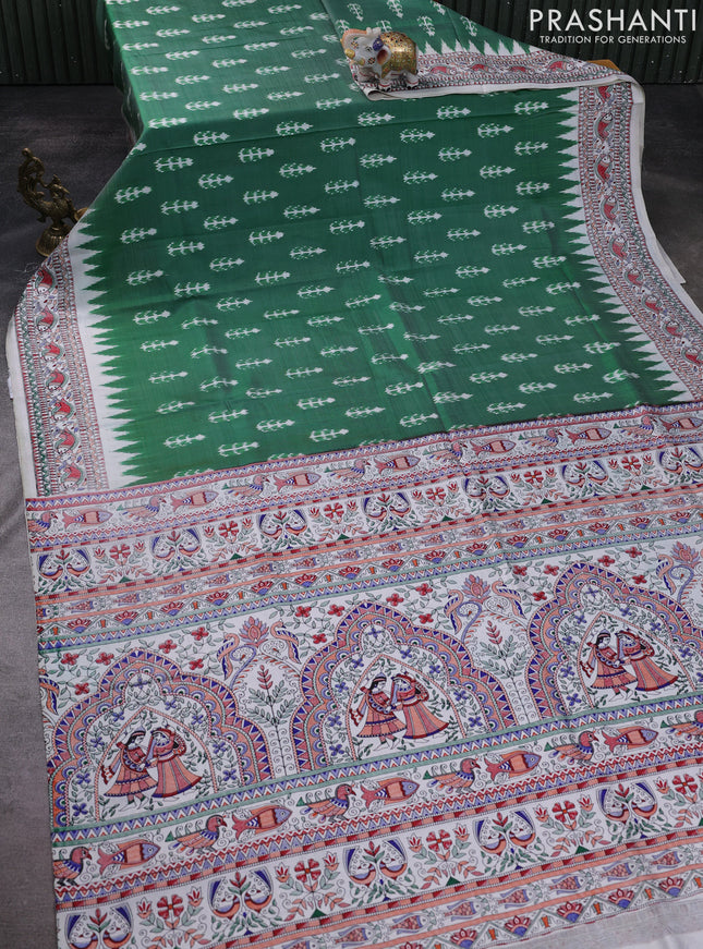 Pochampally silk saree green and cream with allover ikat woven buttas and madhubani prints