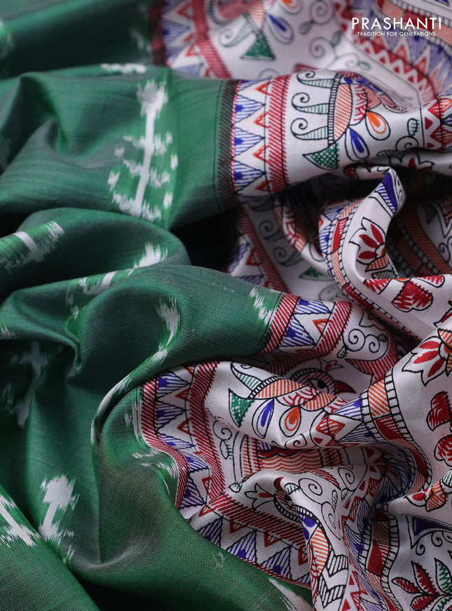 Pochampally silk saree green and cream with allover ikat woven buttas and madhubani prints
